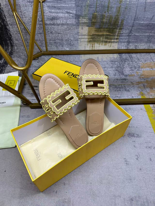 FF Baguette Slides Embroidered Beige Nappa Leather 826564