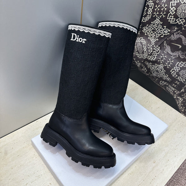 CD 26s Knee High Boots 3cm Black Oblique Canvas Leather 118454