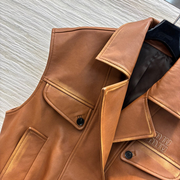 Miu Miu 25 Leather Vest Jacket Brown Lambskin