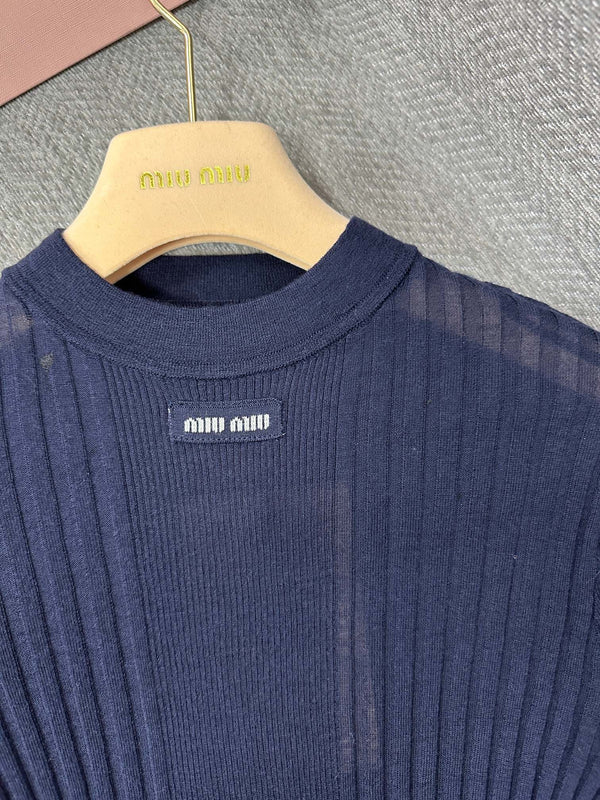 Miu Short-sleeved T-shirt Navy Blue Wool 345306