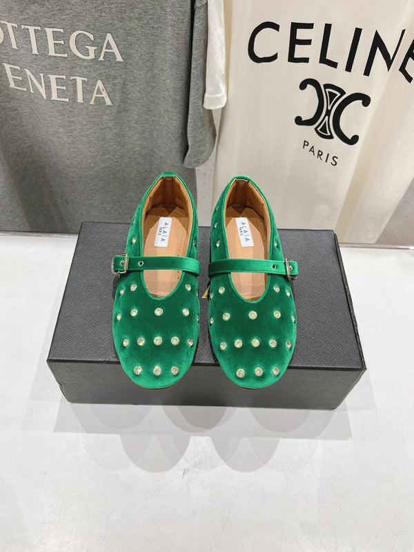 Alaila Ballet Flats In Green Velvet With Rhinestones 972004