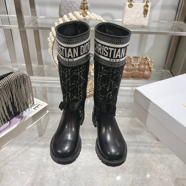 CD D-Major Boot Black Mix White Calfskin And Tweed Fabric