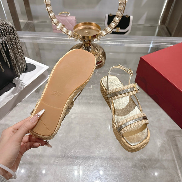 Roger Vivier Wedge Sandals 6cm Sliver Beige Lambskin Raffia 679797