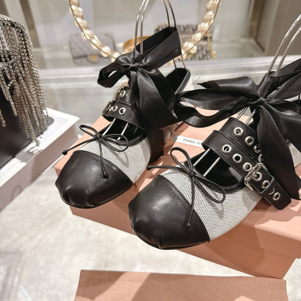 Miu 26s Ballerinas Beige Black Canvas Leather 679790