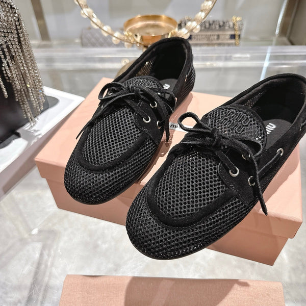 Miu 26s Boat Shoe Black Mesh Suede 679793