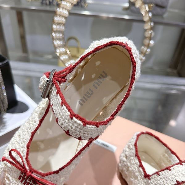Miu Crochet Ballerinas Cream Red Wool Leather 901741