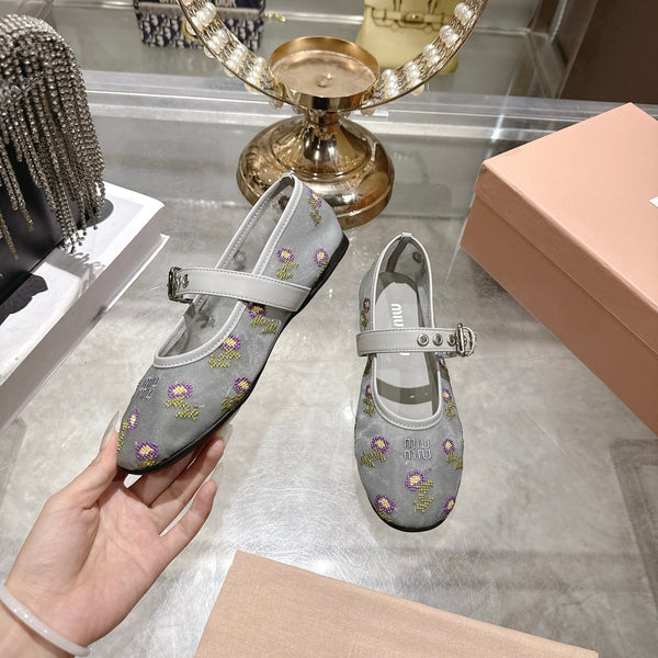 Miu 26s Embroidered Ballerinas Grey Mesh 951511
