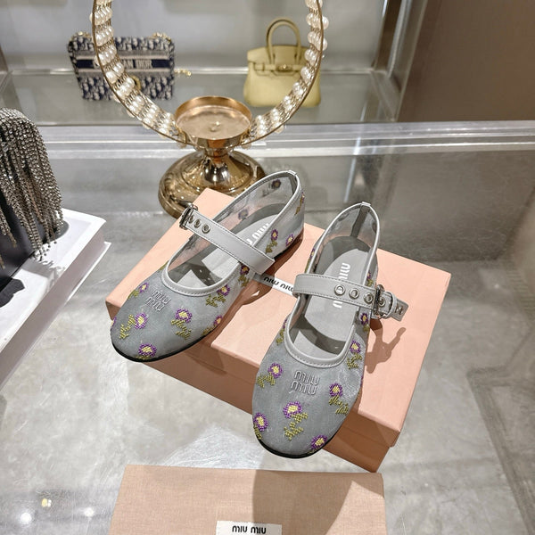 Miu 26s Embroidered Ballerinas Grey Mesh 951511