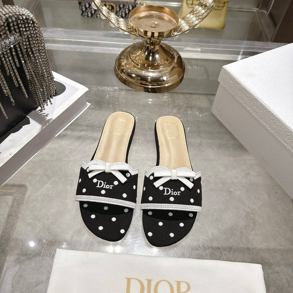 CD Dway Flat Sandal Polka Dior Black Motif Cotton Leather 951360
