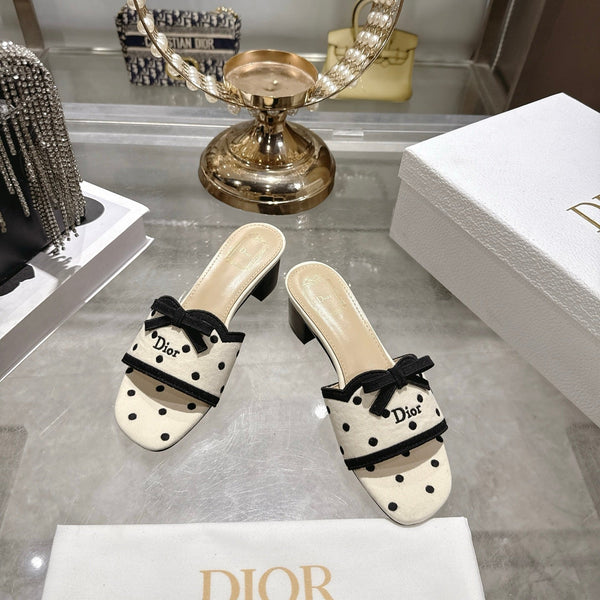 CD Dway Sandal 3.5cm Polka Dior Cream Motif Cotton Leather 951359