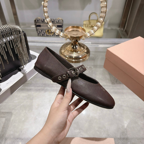 Miu Miu 2026 Round-Toe Ballet Flats Dark Brown Sheepskin 999627