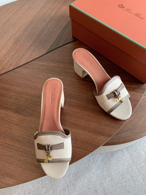 LP 26S Summer Mules 60mm Beige Canvas & Calfskin