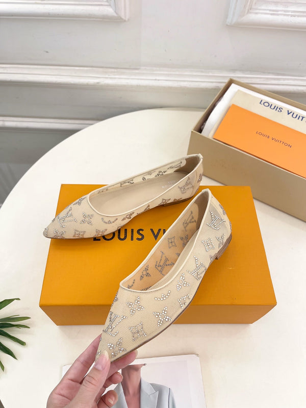 LV Gala Rhinestone Pointed Toe Flat Beige Mesh 425137