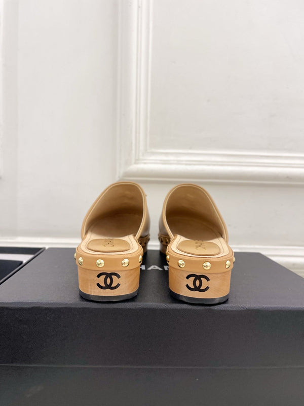 CC 26s Wood Platform Slip-on 3.5cm Beige Leather 891747
