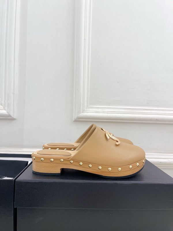 CC 26s Wood Platform Slip-on 3.5cm Beige Leather 891747