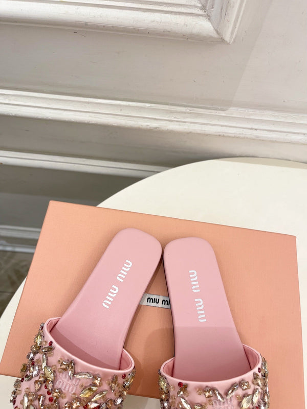 Miu 26s Rhinestone Flat Sandals Light Pink Sheepskin Silk 891871