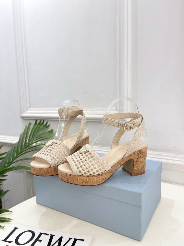 Prad Crochet Cork Platform Sandals 7cm Cream Crochet 947377