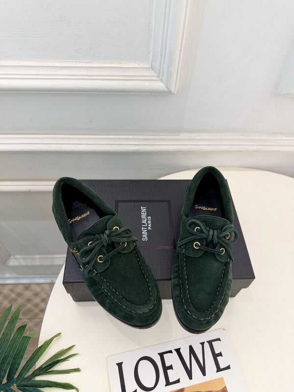 YSL Le Loafer Bateau Boat Shoes Dark Green Suede 112329