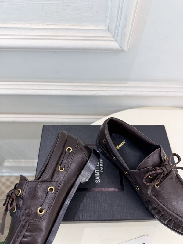 YSL Le Loafer Bateau Boat Shoes Dark Brown Smooth Leather 112332