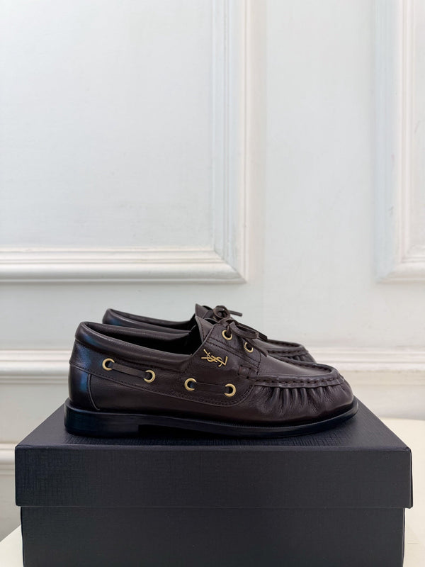 YSL Le Loafer Bateau Boat Shoes Dark Brown Smooth Leather 112332