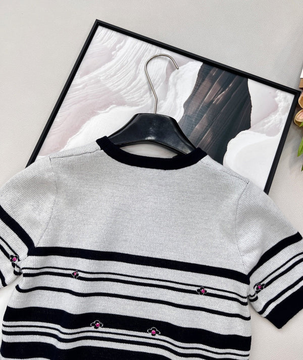 Chanel 2026 Striped Knit Short-Sleeve Top Black White Wool Nylon