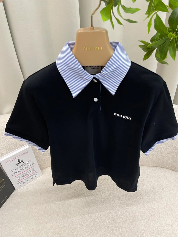 Miumiu 2026 Striped Patchwork Polo Shirt Black Blue Cotton