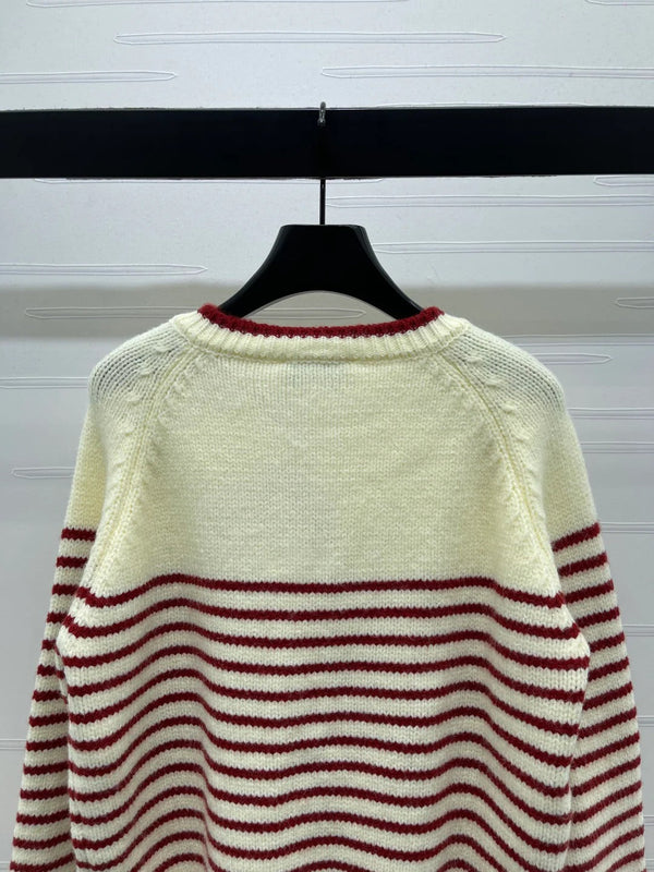 Miu 2026 Striped Knit Crew Neck Long-sleeved Cardigan Wool
