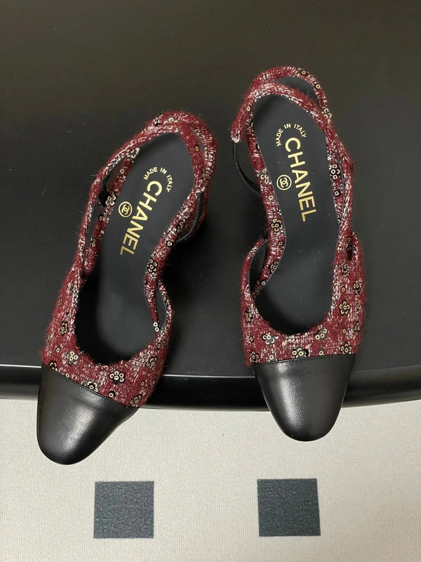 CC 26s Slingback 95 Dark Red Black Tweed Sheepskin 649422