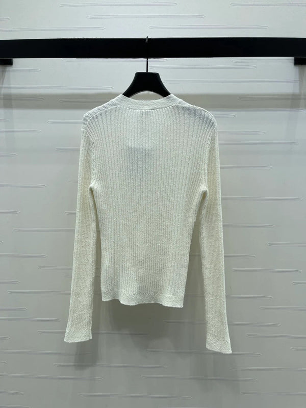 Chanel 2026 V-neck Knit Cardigan White and Black Wool Viscose