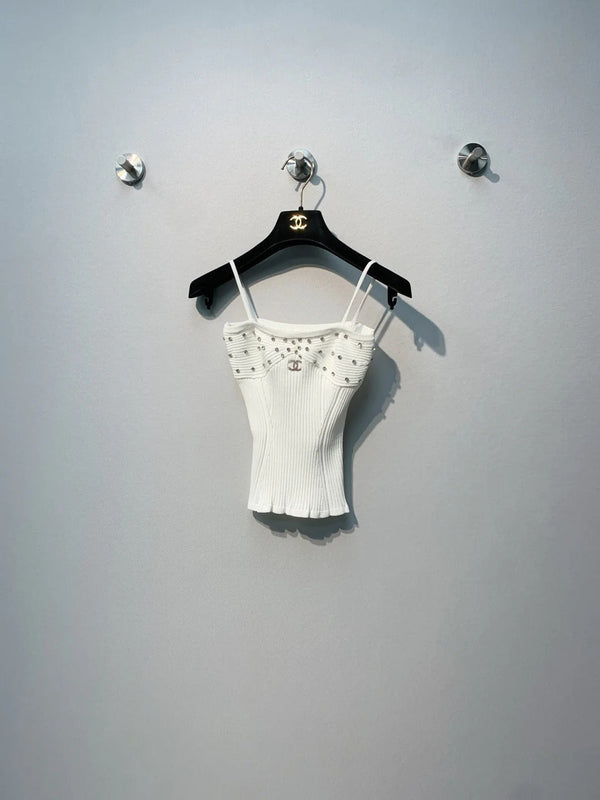 Chanel 2026 Knit Camisole White and Black Polyester Viscose
