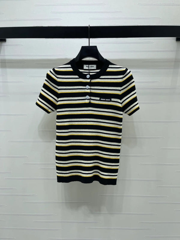 Miumiu 2026 Striped Knit Short-sleeved Top Cream and Black Wool Tencel 356453