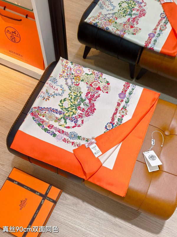 HM 26s 90 Double Sided Scarf White Orange Colorful Mulberry Silk 145756