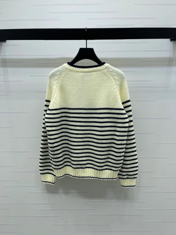 Miu 2026 Striped Knit Crew Neck Long-sleeved Cardigan Wool