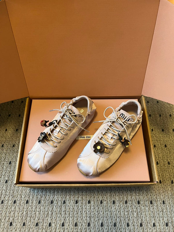 Miu Miu 2026 Plume Sneaker With Floral Charm Pink Satin 621345