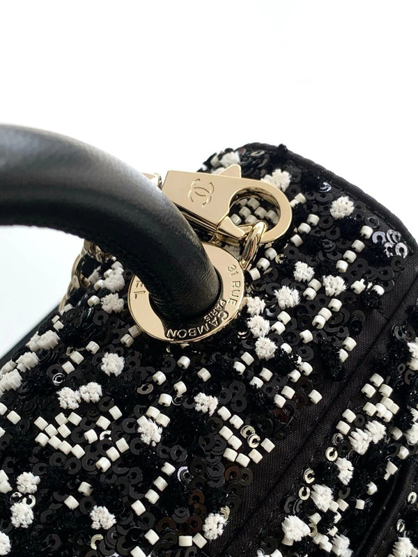 CC 2026 Top Handle Bag 19cm Black White Sequin Leather