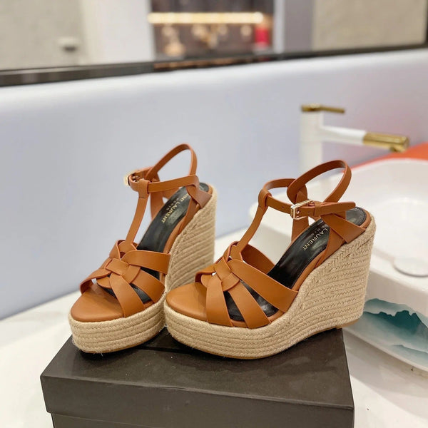 Saint Laurent 2026 Strap Buckle-detail Espadrilles Brown Leather