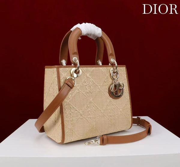 Dior 2026 Lady Dior Bag 24cm Beige Brown Raffia Leather