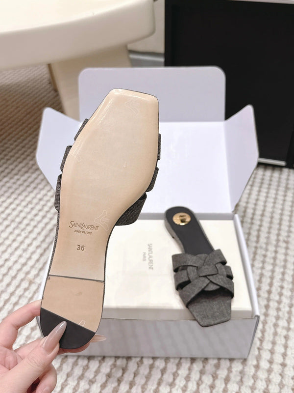 YSL 26ss Flat Slippers Dark Gray Denim Leather 654728