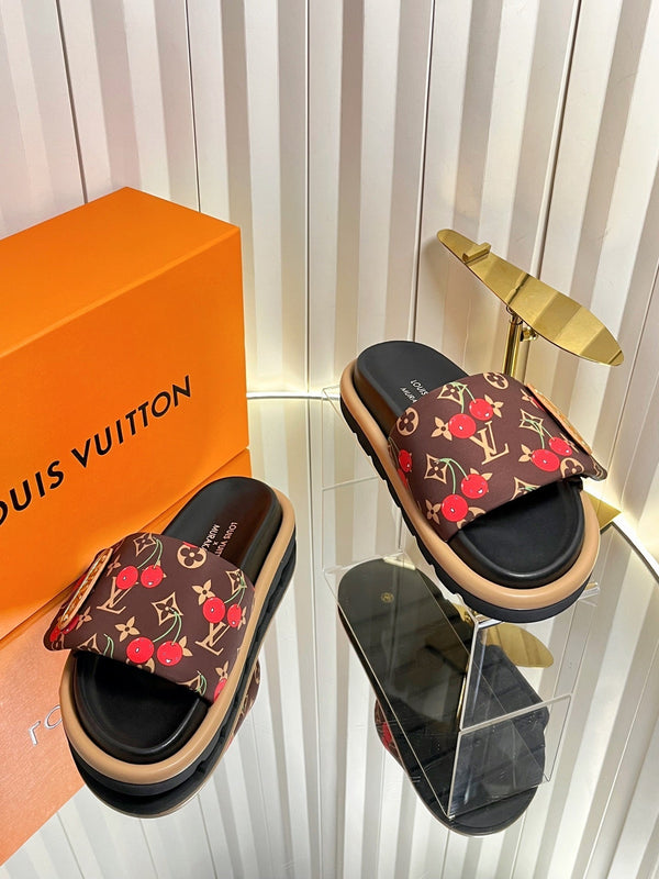 LV 26s Slippers Black Brown Red Fabric Sheepskin 616349