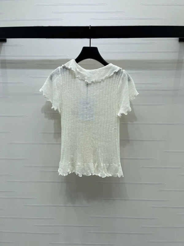Chanel 2026 Ruffled Knit V-neck Short-sleeved T-shirt White Wool 356523