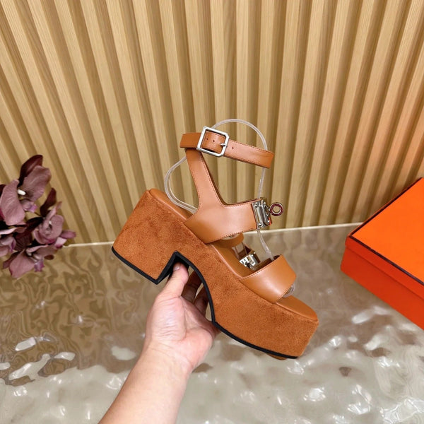 HM 25S CLASSIC WEDGE SANDALS 70 MM IN BROWN LAMBSKIN WITH SILVER HARDWARE