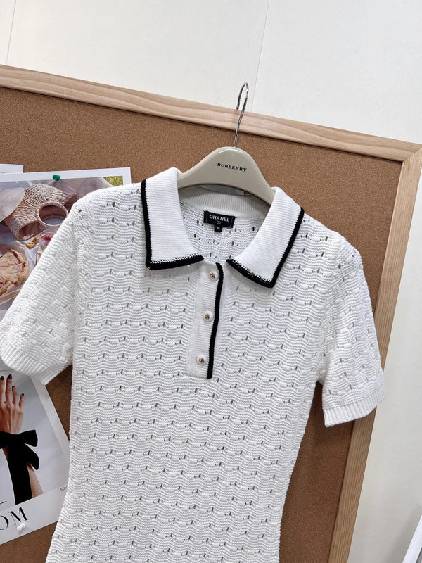 CC 2026 Polo Collar Openwork Knit Dress White Cotton 434950