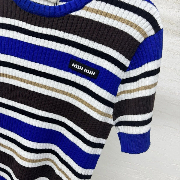 Miumiu 2026 Striped T-shirt Blue White Brown Wool Cashmere 356974