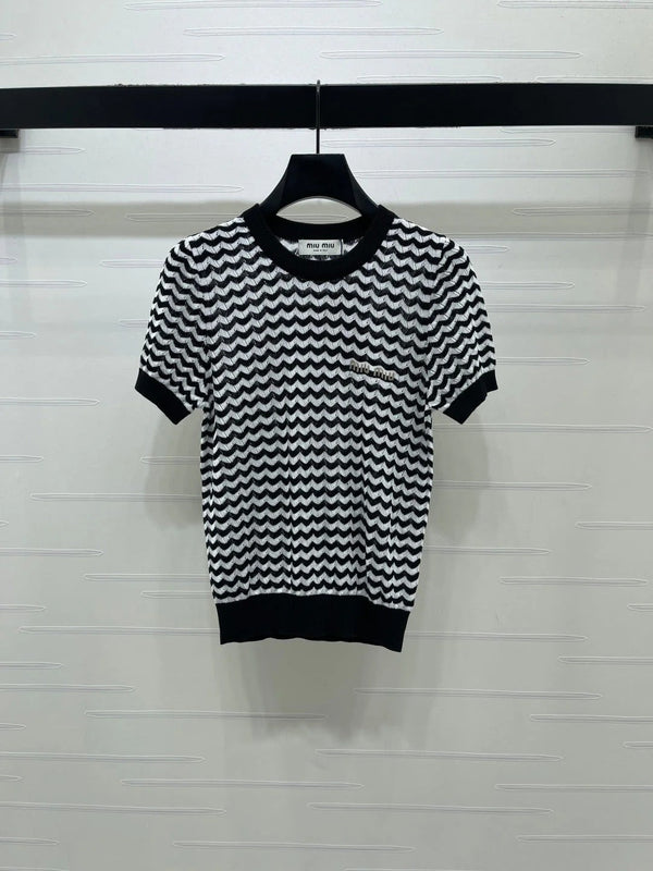 Miu 2026 Hollow-out Knit Short-sleeved Top Tencel Cotton 395656