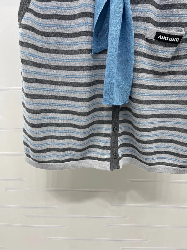 Miu 2026 V-neck Striped Knit Vest Blue Grey Wool 397412