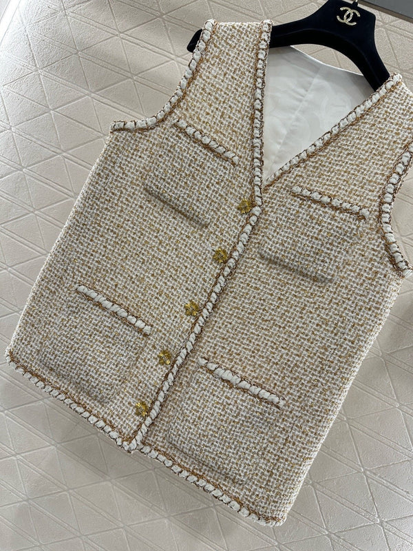 CC 26 Vest With Gold-colored Buttons Beige Tweed Fabric