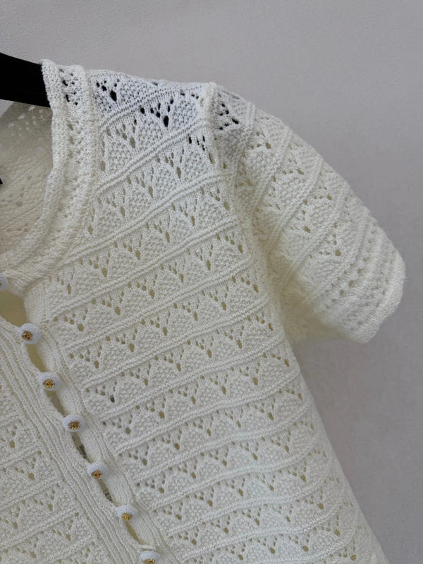 Chanel 2026 Crew Neck Short-sleeved Cardigan Cream Cotton Linen 394769