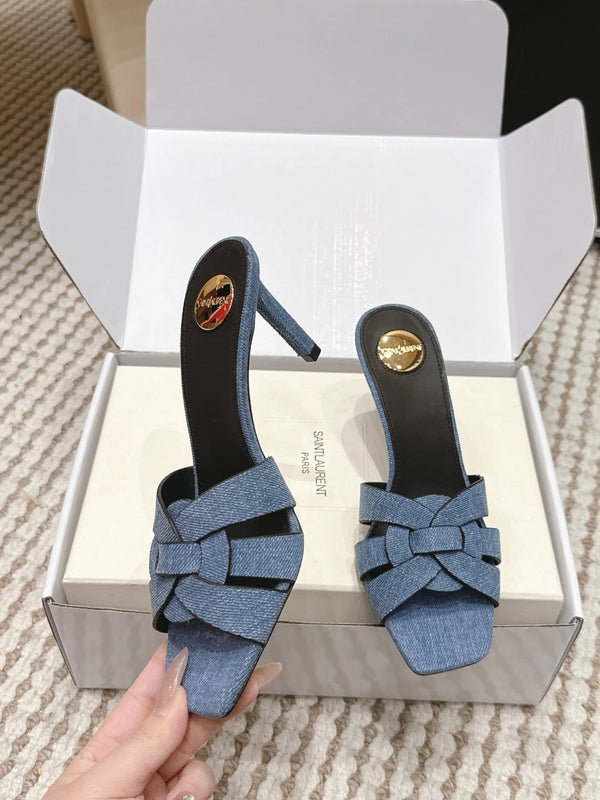 YSL 26ss High-Heeled Slippers 75 Blue Black Denim Calfskin 654747