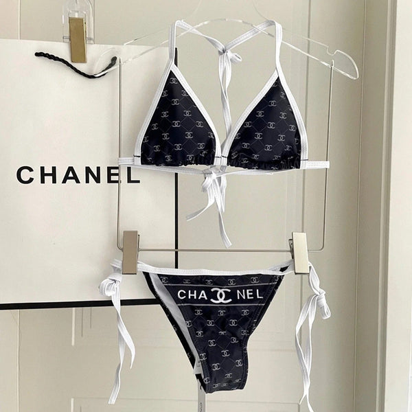 CC BIKINI SWIMSUIT SET IN BLACK AND WHITE TRIM WHITE LOGO PRINTED 608921