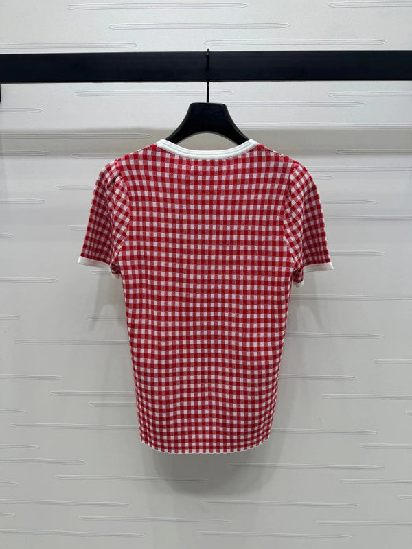 MIUMIU CREW NECK SHORT-SLEEVE PLAID KNIT TOP 274834